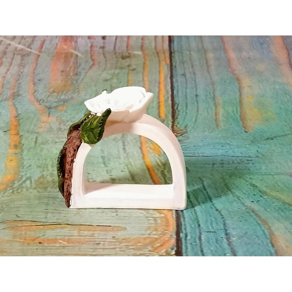 Elegant White‎ Rose Napkin Ring with Leaf Accents set of 12